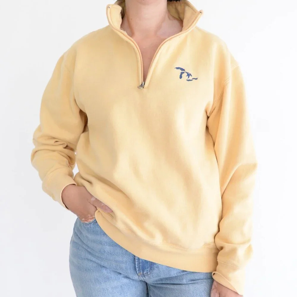 Vintage Gear For Sports Yellow Navy Great Lakes Map Logo Half Zip Sweater S